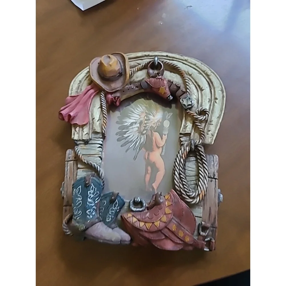 Western Cowboy Saddle Rope 3D Picture Frame Decor Brown 4 x 6 Photo Resin Rustic